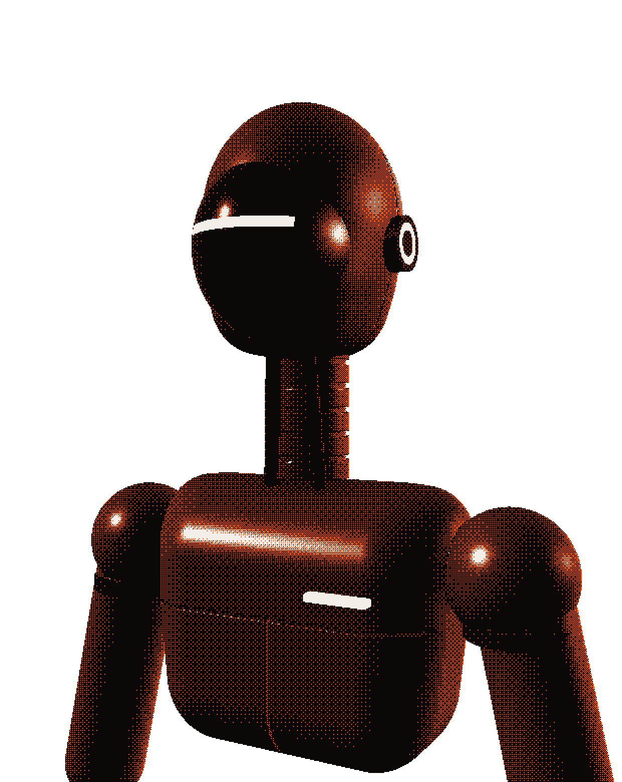 Dithered render of a humanoid robot in orange and cream